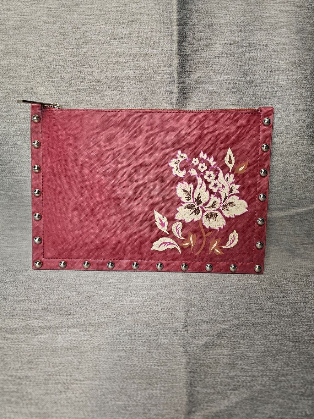 White House Black Market Red Floral Studded Wristlet Clutch Purse